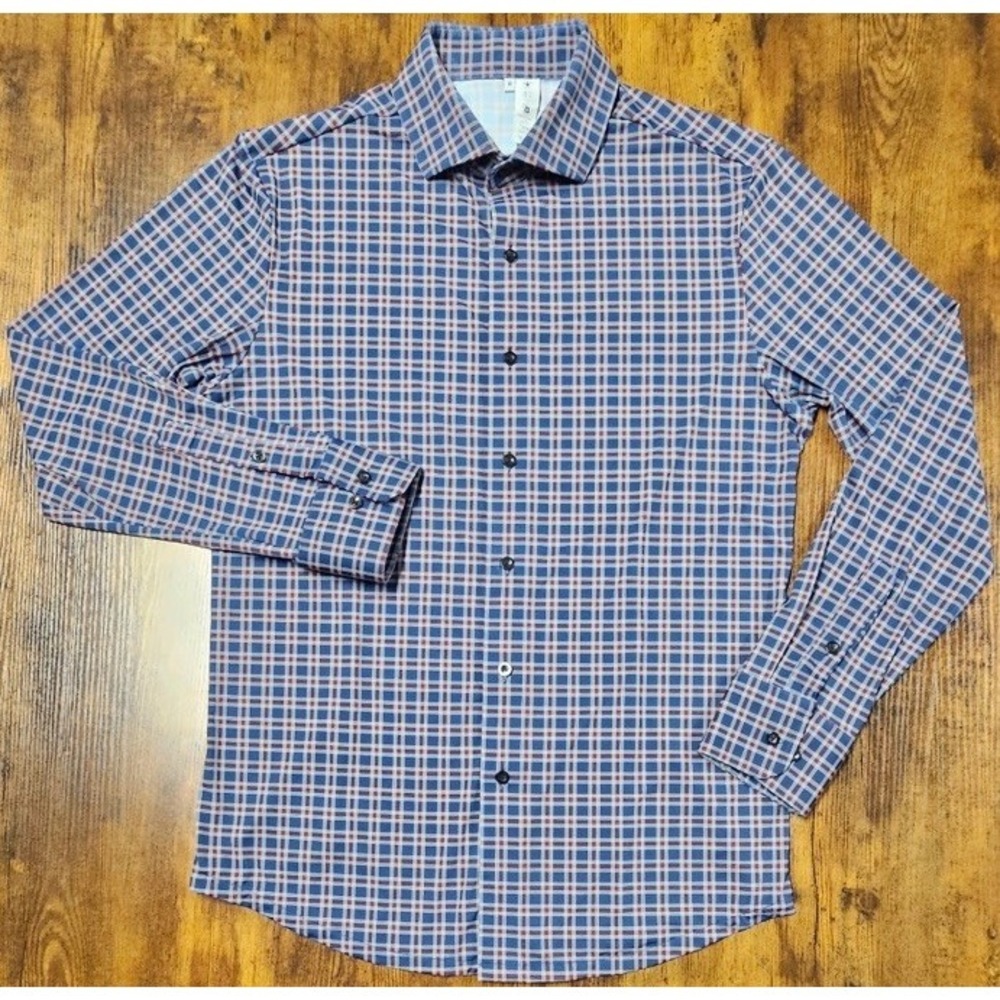 State And Liberty Men's Blue Plaid Size Medium Shirt Long Sleeve Athletic Fit